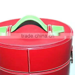 Red Color Leather Round Barrel Wine Box/Case With Handle thumbnail-4