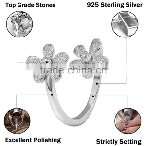 2015 Fashion 925 Sterling Silver Ring Twins Sunflower Desing Zircon Pave Setting Open Ring thumbnail-2