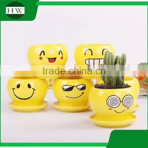Wholesale Cheap Mini Yellow Round Cup Shape Handwork Decoration Smiling Face Cement Garden Flower Pot thumbnail-5