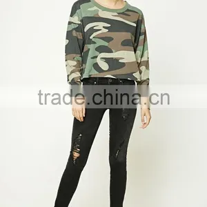 Latest Tops Designs Girls Women Long Sleeves Round Neck Cropped Camo Print Tee Camo Sweatshirts thumbnail-5