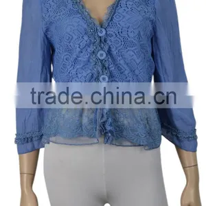 Trimming Lace Buttoned Shirt Green / Light Green Linen Blend Lace Front Closure Jacket thumbnail-2