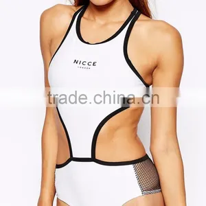 MGOO Women Cut Out Waist Bodysuit Plain White One Piece Sport Playsuit Custom Logo Design Racer Back Bodysuit thumbnail-5