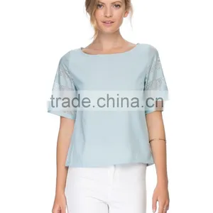 Lace Sleeve Woven Womens Tee Shirts thumbnail-1