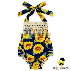 OEM Service Flower Printed Sleeveless Halter Fringe Toddler Baby Girl Floral Ruffle Romper Clothes thumbnail-2