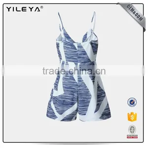 Fashion Design Pinstripe Spaghetti Strap V Neck Jumpsuit Button Front Tie Waist Short Romper thumbnail-4