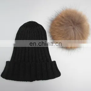 Wholesale Mens Knitted Plain Beanie Hat With Fur Pom Pom thumbnail-6
