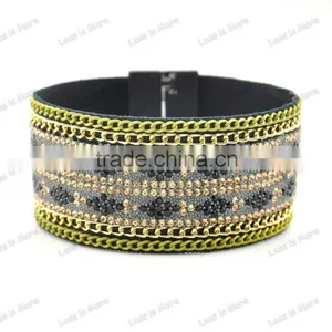 Gold Chain Leather Bangle Magnetic Bracelet With Crystal Bead thumbnail-1