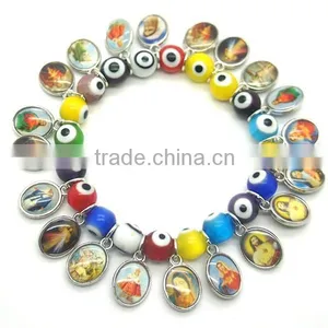 Oval Coloured Glaze Evil Eye Beads and Round Luminous Beads Stretch Bracelet With Rhinestones,elastic Beaded Bracelet,jewelry thumbnail-1