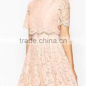 China Guangzhou Clothing OEM Scalloped Edges Round Neckline Crop Top Mesh Insert Midi Women Dress thumbnail-5