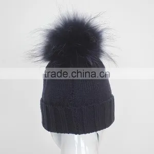 Myfur Navy Knitting Beanie Hat With Stones Real Raccoon Fur Ball Top For Teenager Boys thumbnail-3