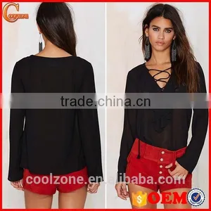 Latest Chiffon Blouse Ruffled Lady Blouse Wholesale Lace up Blouses 2015 thumbnail-1