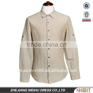 Mens Linen Slim Fit Beige Long Sleeve Dress Shirt thumbnail-1