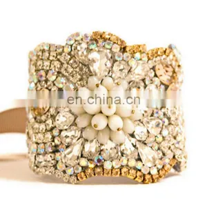 Aidocrystal Handmade Champagne and Crystal Color Wedding Cuff Bracelet With Ribbon thumbnail-1