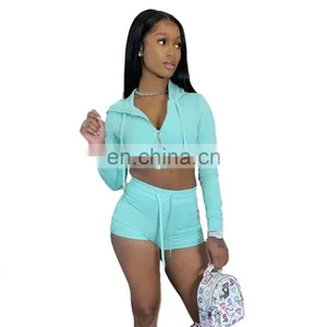 Women's Autumn 2 Piece, Shorts Sets Hooded Crop Tops Two Piece Track Sets 2020 Fashion Women Outfit Fitted Two Piece Set/ thumbnail-4