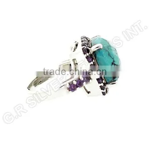 Turquoise Cushion & Amethyst Round Gemstone Ring,sterling Silver 925 Rings Wholesale Jewelry thumbnail-2