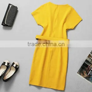 Hot Selling Fashion Causal Yellow Dress With Belt for Ladies thumbnail-1