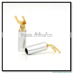 Golden Screw Locking Banana Connector Speaker Spade Fork Plug thumbnail-2