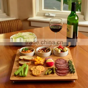 New Picnic Square Bamboo Entertaining Serving Tray With 3 Ceramic Bowl's Holder Bamboo Cutting Board With Juice Groove thumbnail-1