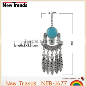 2016 Alloy Silver Plated Leaf Shape Turquoise Earring for Women thumbnail-2