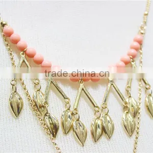 Gold Leaf w/ Pink Turquoise Pendant Necklace Goldtone Triple Necklace Satellite Chain Necklace 2016 Fashion Style Wholesale thumbnail-2