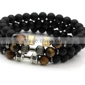 Wholesale Alloy Metal Barbell Matte Black Stone Beads Fitness Fashion Dumbbell Bracelets thumbnail-1