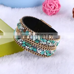 New Arrive Nature Stone Wide Crystal Velvet Magnetic Clasp Bracelet Bohemia Style For Women thumbnail-1