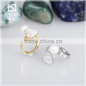 Women Vogue Big Pearl and Rhinestone Heart Design Stainless Steel Rings for KALEN thumbnail-1