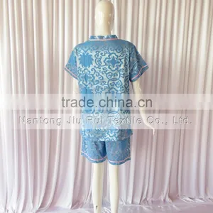 Bule/Rich Floral Pattern Sweat Steaming Clothes V-Neck Jacquard Family Pajama Set Short Sleeve Women/Men Pajamas thumbnail-4