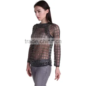 Domin Fashion Wholesale Beading Design Ladies Tops Images thumbnail-5