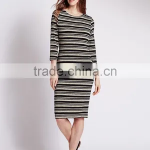 3/4 Sleeve Striped Tube Bodycon Dress thumbnail-1