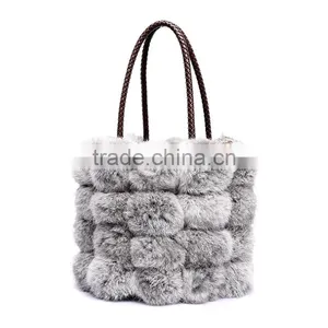 100% Real Rabbit Woman Bucket Handbag Rabbit Fur Ball Ladies Shoulder Bag thumbnail-5