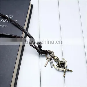 Coffee Cord Pewter Halloween Skeleton Skull Cross PU Leather Punk Style Adjustable Necklace thumbnail-3