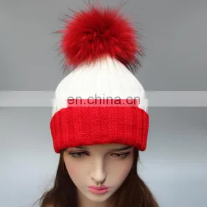 Stock Hat Fashion Winter Real Big Raccoon Fur Ball Knitted Beanie Hat thumbnail-2