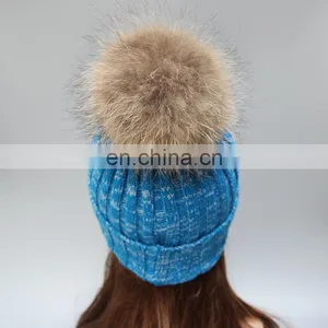 New Product Colorful Knit Hats Wholesale Fancy Raccoon Fur Ball Women Floppy Hat thumbnail-4