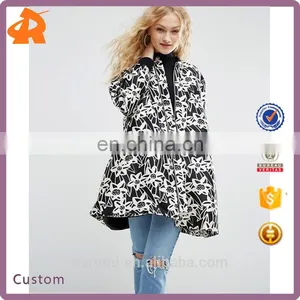China Supplier Wholesale OEM ODM New Fashion Lady Winter Coat, Black and White Print Floral Satin A- Line Coat With Rib Detail thumbnail-1