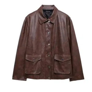 New Women's Vintage Loose Casual Long-sleeved Pocketed Faux Leather Blazer With Collar. thumbnail-2