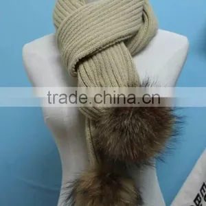 2016 Winter Newest Fashion 100% Real Raccon Fur Pompom Wool Knitted Women Crochet Scarf thumbnail-2