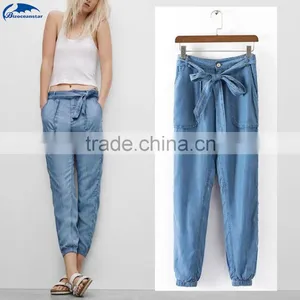 Hot Trendy Women High Waist Pockets Bow Sashes Denim Jeans Harem Pants Trousers thumbnail-1