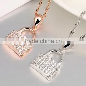 Custom White Gold Plated Cubic Zirconia CZ 925 Sterling Silver Lock Pendant Necklace Pendant thumbnail-2