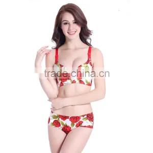 New Deep V Sexy Women Push Up Bra Set Rose Printed Seamless Wire Free Bra Set Women Underwear Set Bra and Panties thumbnail-1