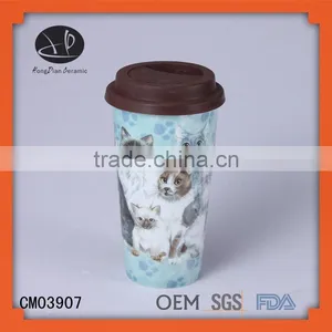Drinking Ware Logo Customized Double Walled Ceramic Mug Cup With Silicone Lid thumbnail-1