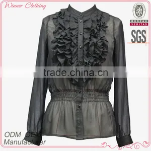 Women Unique Design Hot Sale Stand Collar Long Sleeve Ruffle Front Button Chiffon Black Tops Plus Size thumbnail-1