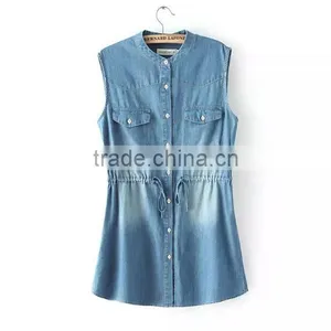 EY0492A 2015 New Desgin Women Pure Color Sleeveless Collar Cowboy Dress thumbnail-1