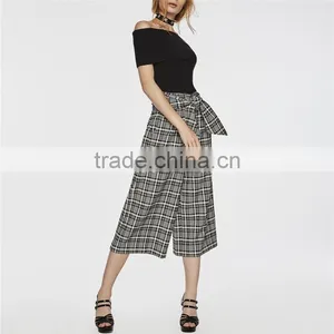 Black and White Patterned Bow Embellished Tartan Culotte Pants Slacks thumbnail-2