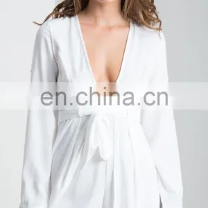 White Long Sleeve Plunge Adult Romper Pattern Summer Maxi Playsuit thumbnail-6
