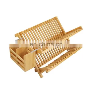 2-Tier Collapsible Bamboo Drainer Dish Drying Rack Multipurpose Roll-Up Dish Drying Rack With Utensil Holder thumbnail-2