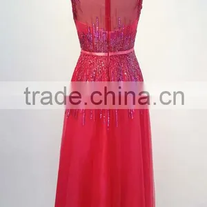 Red Sleeveless Chaozhou Beaded Long Evening Dress thumbnail-3