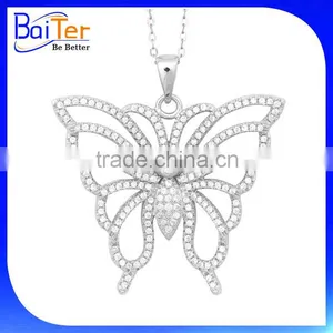 Custom Micro Pave White Cubic Zirconia 925 Sterling Silver Butterfly Pendant Necklace Pendant thumbnail-1