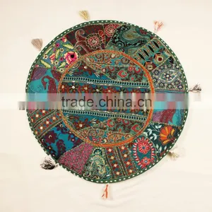 Indian Meditation Green Cushion Covers Indian Round Ethnic Patchwork Pillows Bohemian Vintage Floor Pillows thumbnail-1