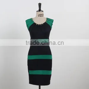Latest Dress Designs Shiny Beading Elegant Bodycon Knee Length Evening Dress Green and Black Stripe Sleeveless Dress thumbnail-1